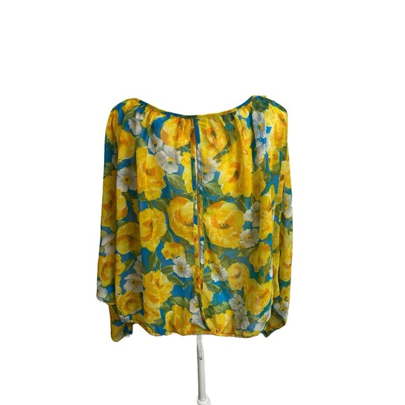Ambiance Apparel Blouse Women's L Blue & Yellow Floral Semi Sheer Long Sleeve - Picture 3 of 6